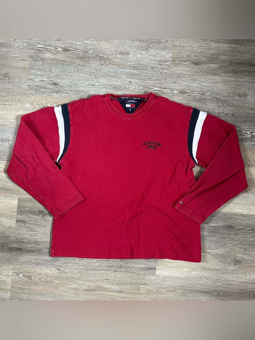 Tommy Hilfiger Red Long-Sleeve Crewneck with Navy & White Sleeve Stripes Sz XXL